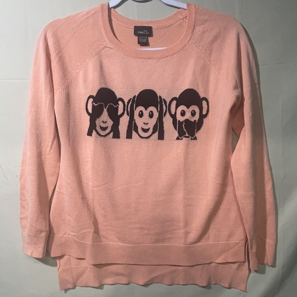 Rue21 "See No Evil Hear No Evil Speak No Evil" Peach Knit Sweater Womens Medium